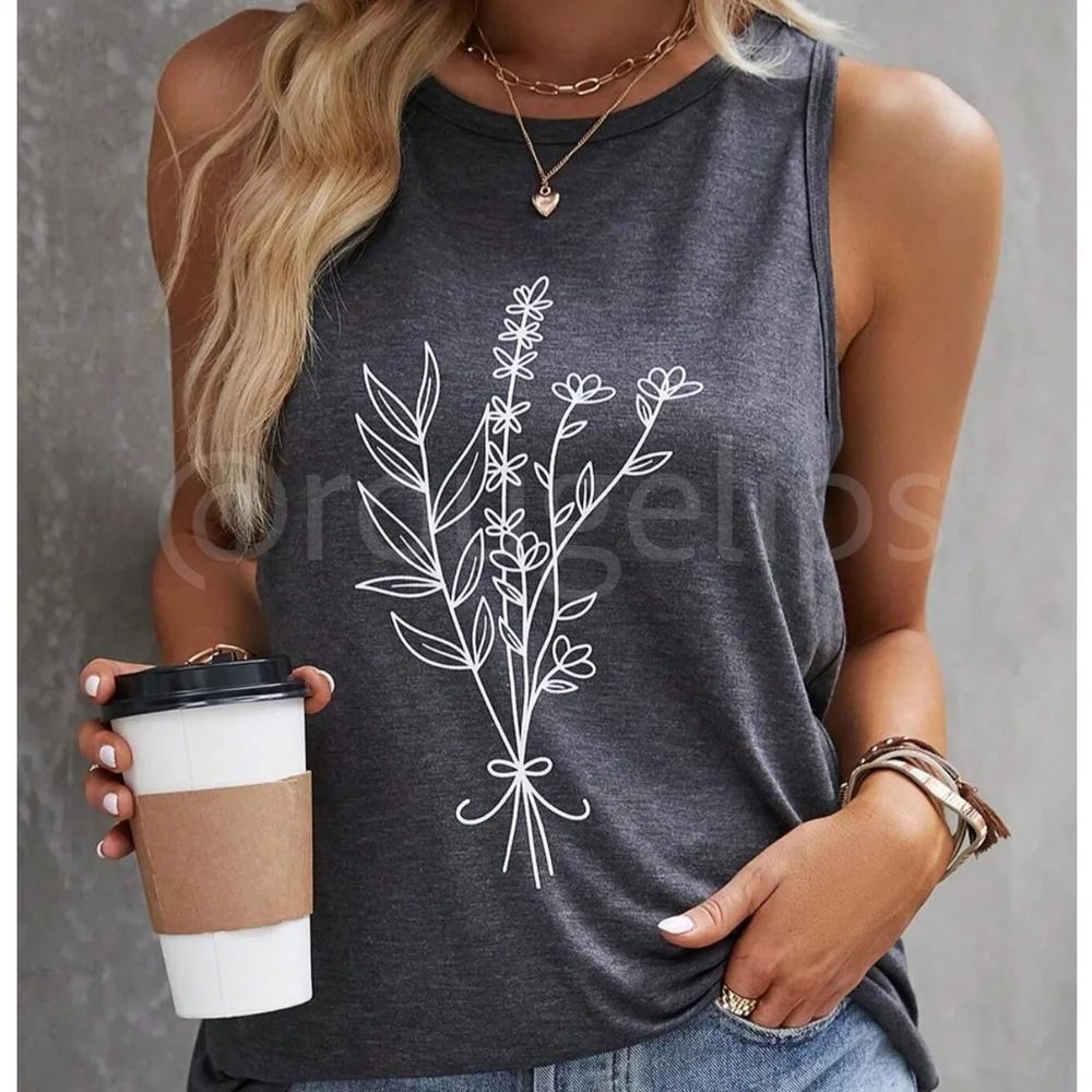Boho Floral Abstract Graphic Print Grey Tank Top Tee Shirt Muscle Top, Stretchy - Picture 1 of 8